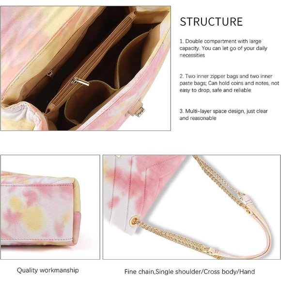 Women Quilted Denim Chain Shoulder Bag with Flap - Picture 5 of 6